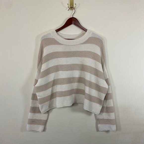 Sincerely Jules Women's M Striped Knit Cropped Sweater Beige White Fall Cozy - Picture 1 of 8